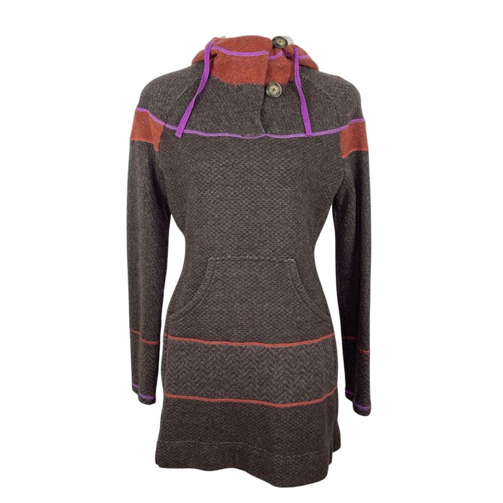 Prana Caitlyn Long Tunic Sweater Womens M Brown Hooded Knit Hoodie Pullover